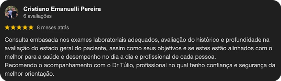 Avaliação de Cristiano Emanuelli Pereira sobre o atendimento do Dr. Túlio Safar em São José do Rio Preto, publicada no Google
